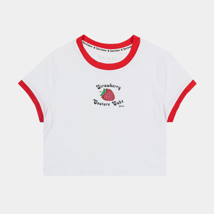 Strawberry Ringer Baby Tee Womens Short Sleeve Shirt (White/Red)