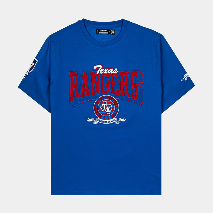 Texas Rangers Team Badge Mens Short Sleeve Shirt (Blue/Orange)