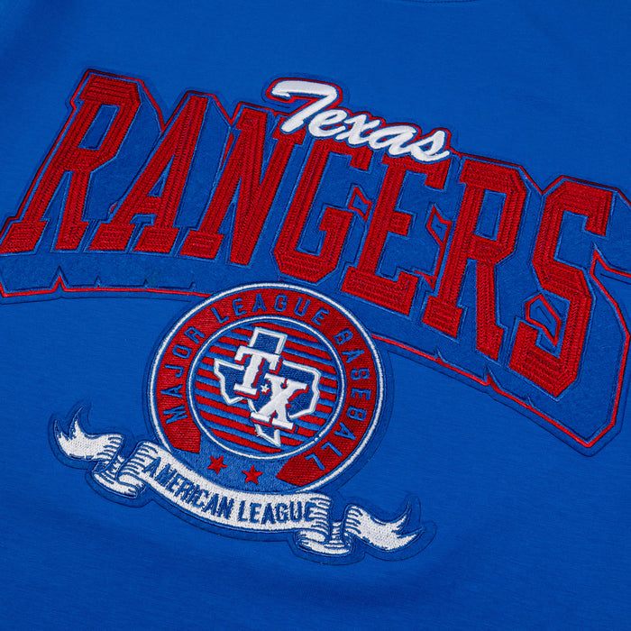 Texas Rangers Team Badge Mens Short Sleeve Shirt (Blue/Orange)