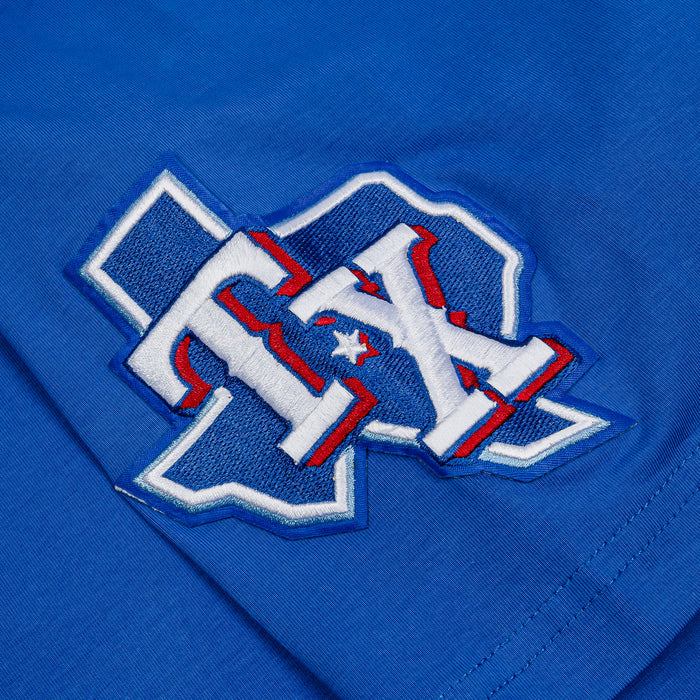 Texas Rangers Team Badge Mens Short Sleeve Shirt (Blue/Orange)