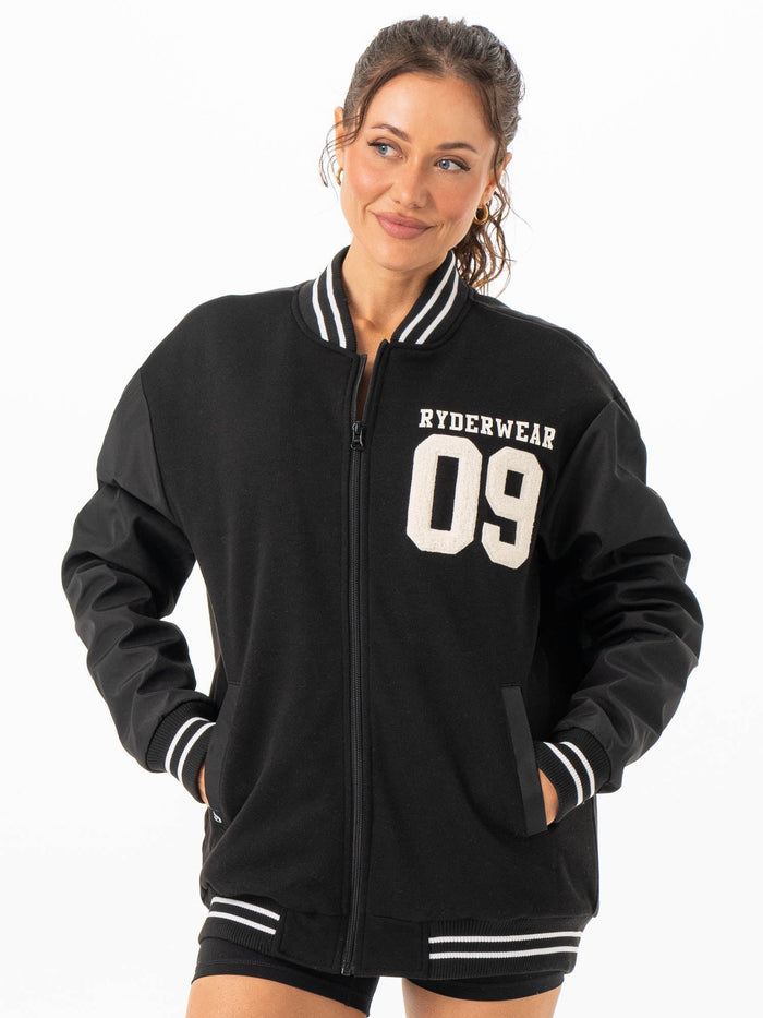 Varsity Bomber Jacket - Black/Black Clothing Ryderwear