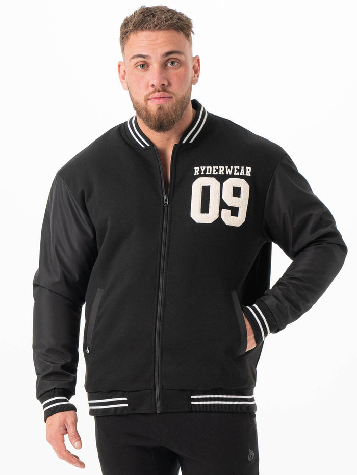 Varsity Bomber Jacket - Black/Black Clothing Ryderwear