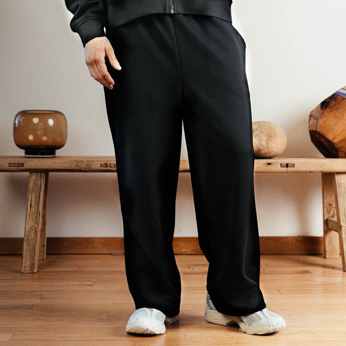Washed Wide Leg Fleece Mens Pants (Black)
